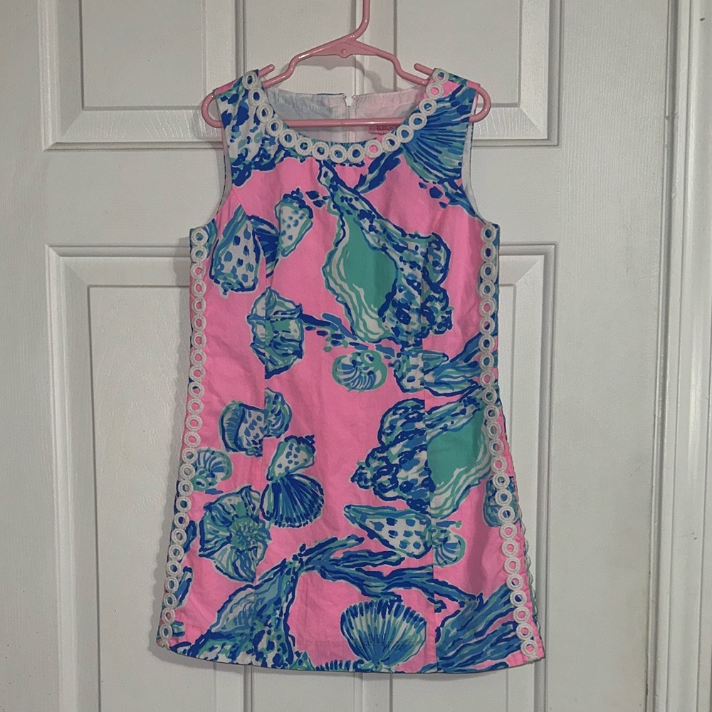 Lilly Pulitzer Girl Dress . pink blue and white . 
Size 7 .